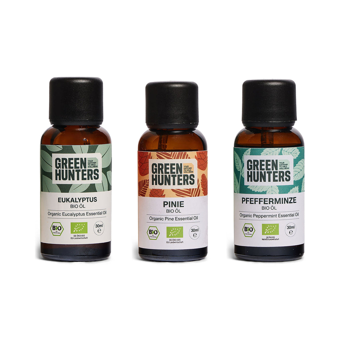 Atemfrei Set von Green Hunters: Bio-Eukalyptusöl, Bio-Pinienöl und Bio-Pfefferminzöl, je 30 ml
