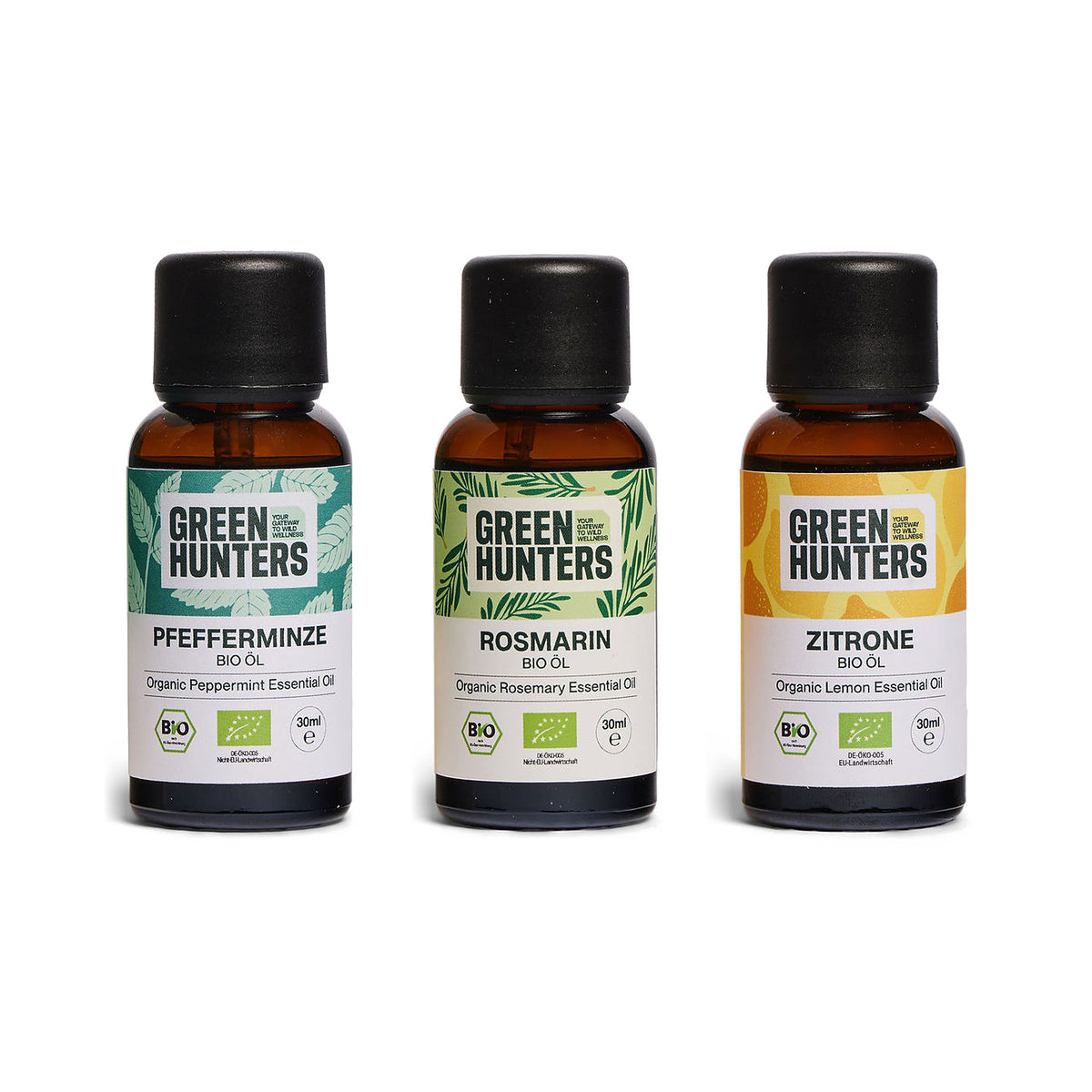 Fokus & Frische Set von Green Hunters: Bio-Pfefferminzöl, Bio-Rosmarinöl und Bio-Zitronenöl, je 30 ml
