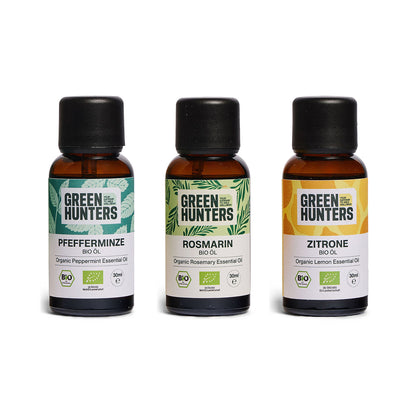 Fokus & Frische Set von Green Hunters: Bio-Pfefferminzöl, Bio-Rosmarinöl und Bio-Zitronenöl, je 30 ml