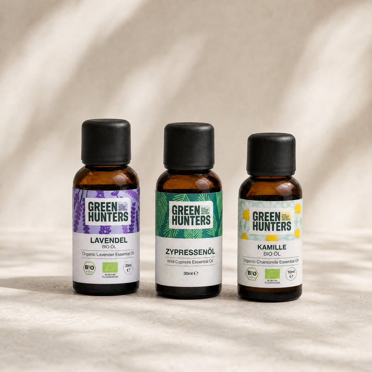 Ruhe & Schlaf Set von Green Hunters: Bio-Lavendelöl 30 ml, Zypressenöl 30 ml und Bio-Kamillenöl 10 ml