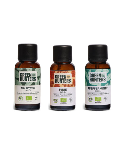 Atemfrei Set von Green Hunters: Bio-Eukalyptusöl, Bio-Pinienöl und Bio-Pfefferminzöl, je 30 ml