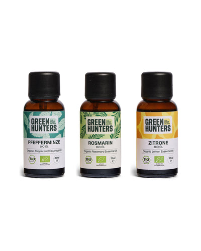 Fokus & Frische Set von Green Hunters: Bio-Pfefferminzöl, Bio-Rosmarinöl und Bio-Zitronenöl, je 30 ml