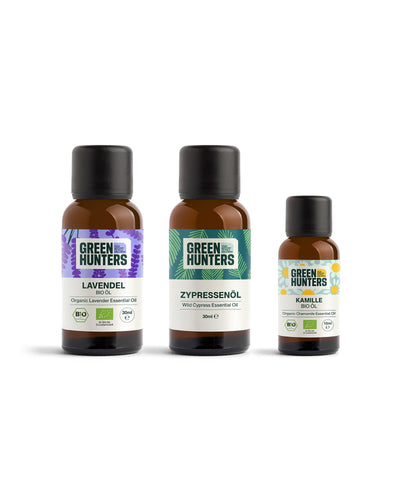 Ruhe & Schlaf Set von Green Hunters: Bio-Lavendelöl 30 ml, Zypressenöl 30 ml und Bio-Kamillenöl 10 ml