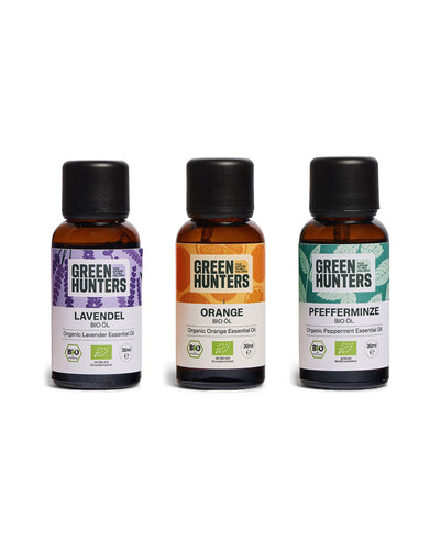 Starter-Trio von Green Hunters: Bio-Lavendelöl, Bio-Orangenöl und Bio-Pfefferminzöl, je 30 ml