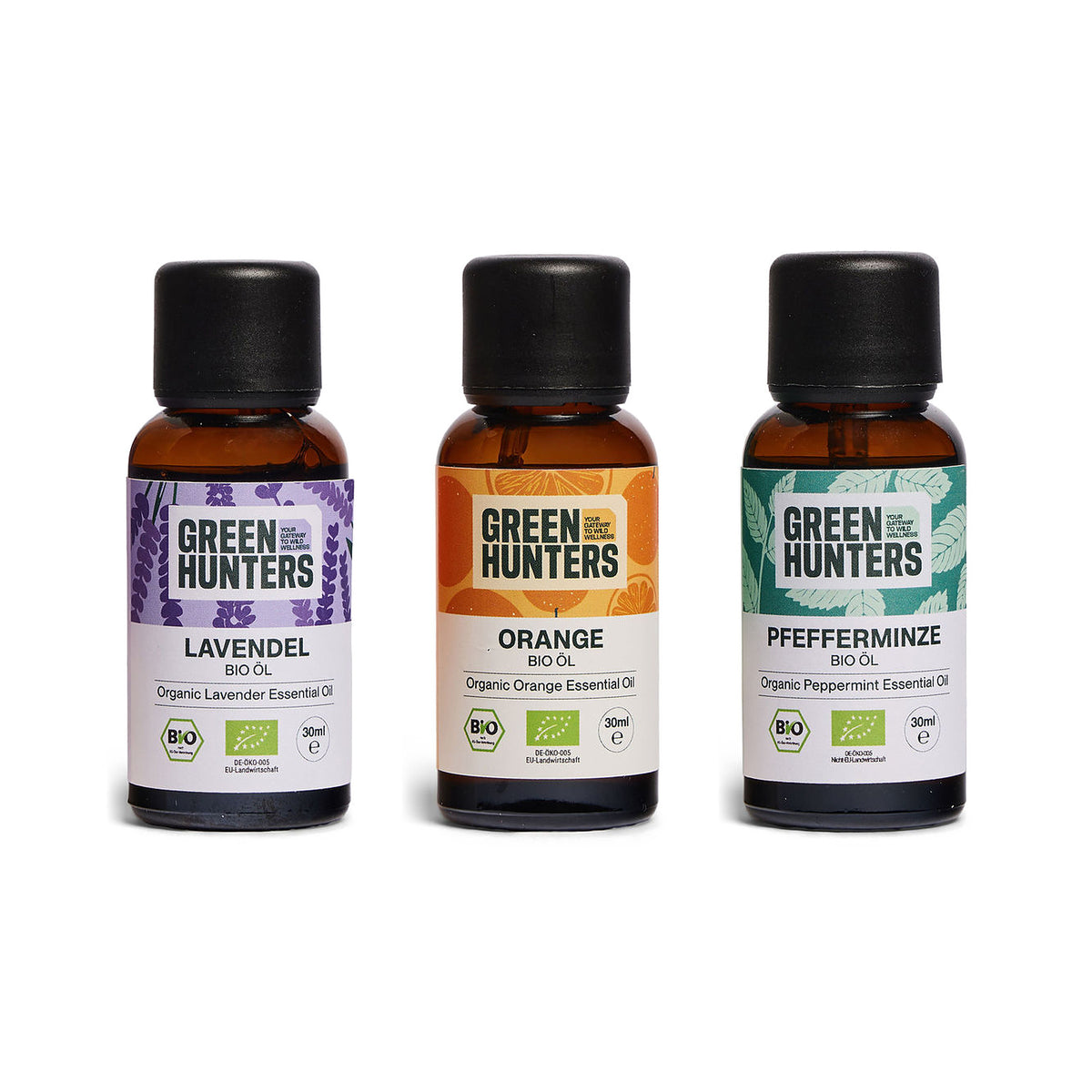 Starter-Trio von Green Hunters: Bio-Lavendelöl, Bio-Orangenöl und Bio-Pfefferminzöl, je 30 ml