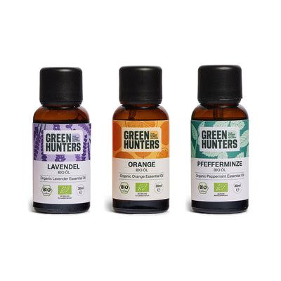 Starter-Trio von Green Hunters: Bio-Lavendelöl, Bio-Orangenöl und Bio-Pfefferminzöl, je 30 ml